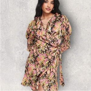 New Topshop Floral Wrap Dress Satin Silky Size 4 Ruffled Belted